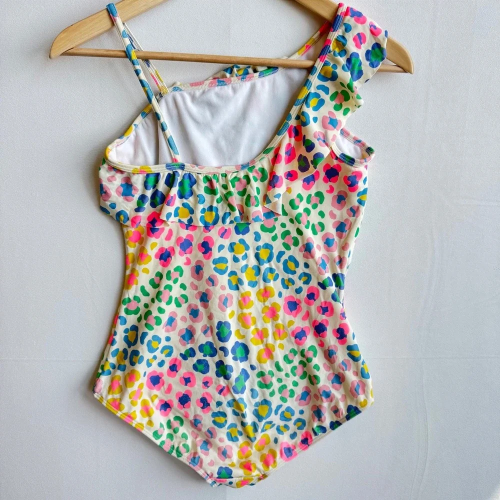 Boden Girls Multicolor Leopard Print Ruffle One Shoulder Swimsuit 13-14Y 164cm